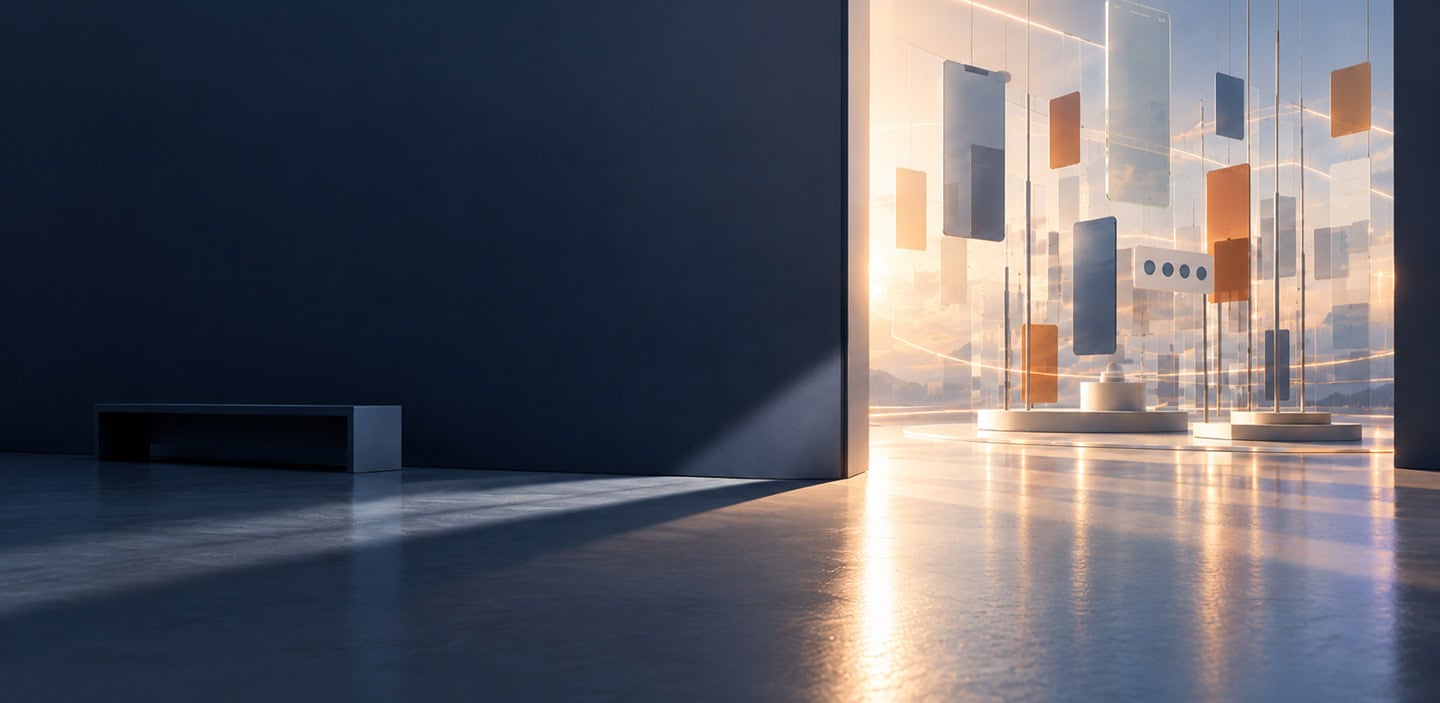 Abstract representation of the hidden value behind a digital platform, with layered interface elements, connections and AI-driven evolution.